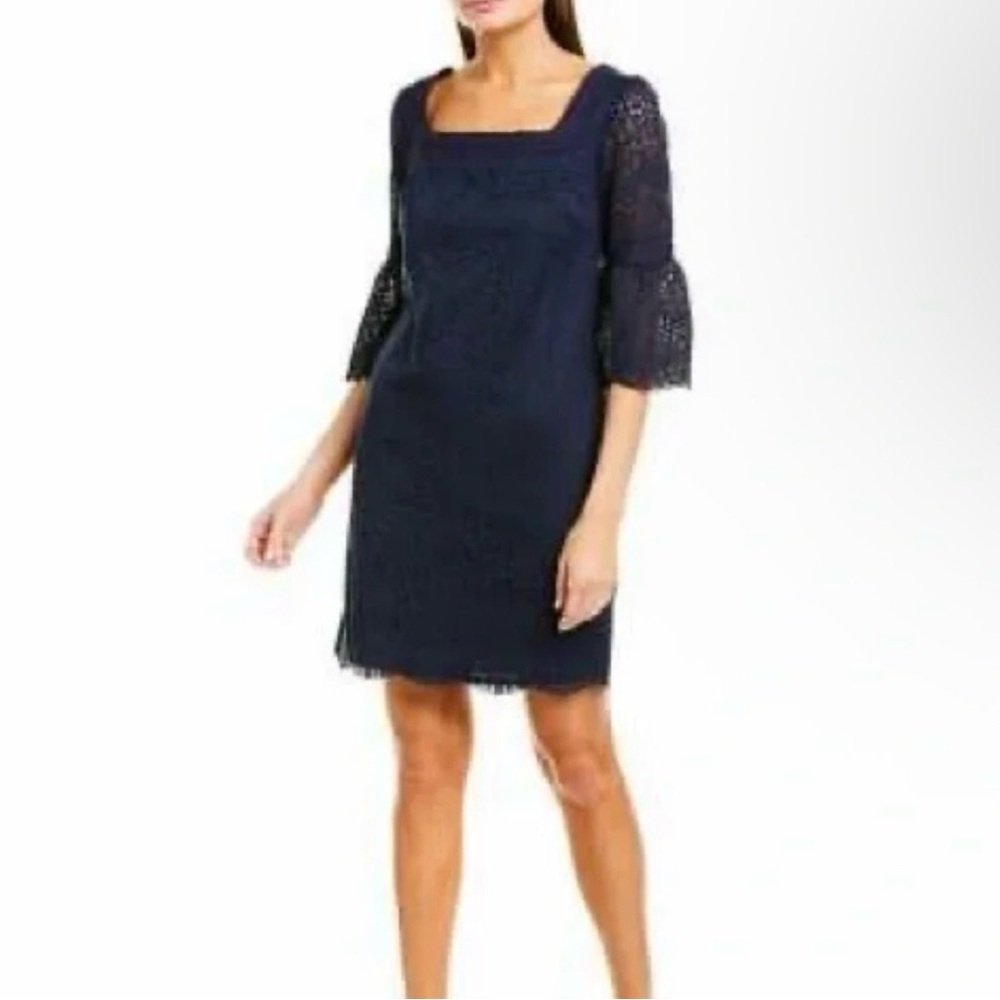 Trina Turk Navy Lace Bell Sleeve Shift Dress
Size Small
